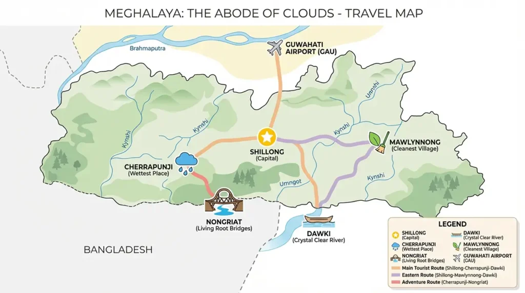 Carte illustrée du Meghalaya indiquant Shillong, Cherrapunji, Dawki, Mawlynnong et Nongriat avec itinéraire conseillé