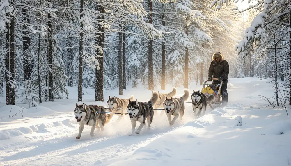 Attelage de chiens de traîneau filant à travers une forêt enneigée du Québec