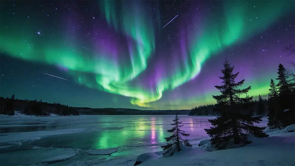 Aurores boréales dansant dans le ciel étoilé au-dessus d'un lac gelé
