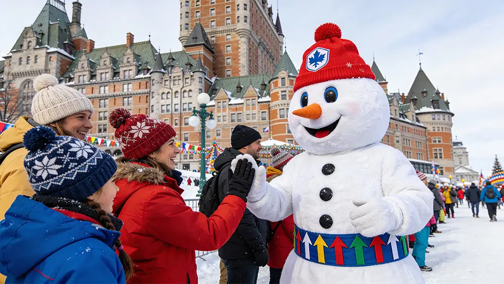Bonhomme Carnaval, mascotte officielle du Carnaval de Québec, entouré de la foule en fête avec le château Frontenac en arrière plan