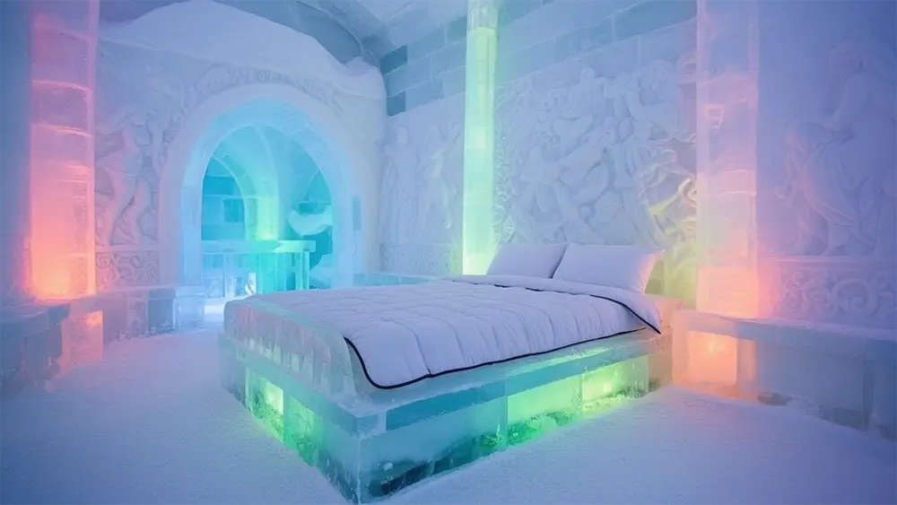 Chambre sculptée dans la glace avec éclairage coloré, lit en glace avec matelas posé dessus. Hôtel de glace près de Québec en hiver