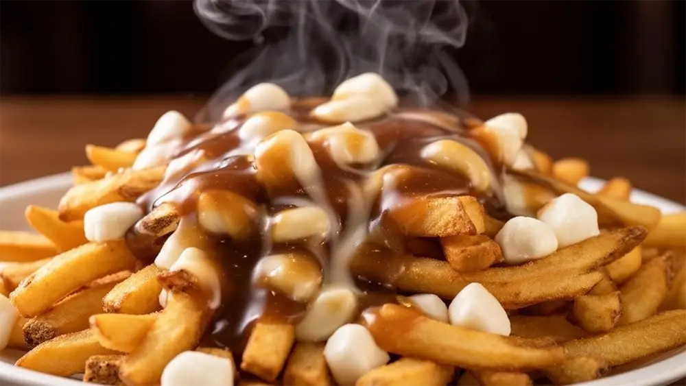 Poutine fumante garnie de fromage en grains typique qui fait couic-couic. Spécialité du Québec qui réconforte l'hiver