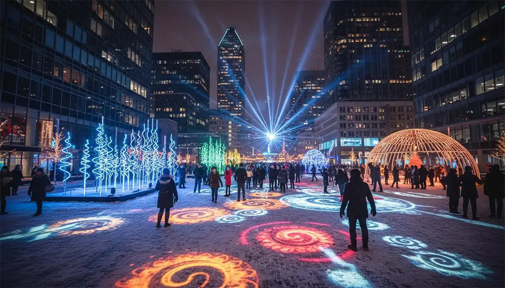 Installations lumineuses colorées dans le Quartier des Spectacles à Montréal, Québec