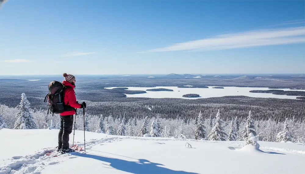 Randonneur en raquettes admirant un panorama enneigé en Mauricie, Québec