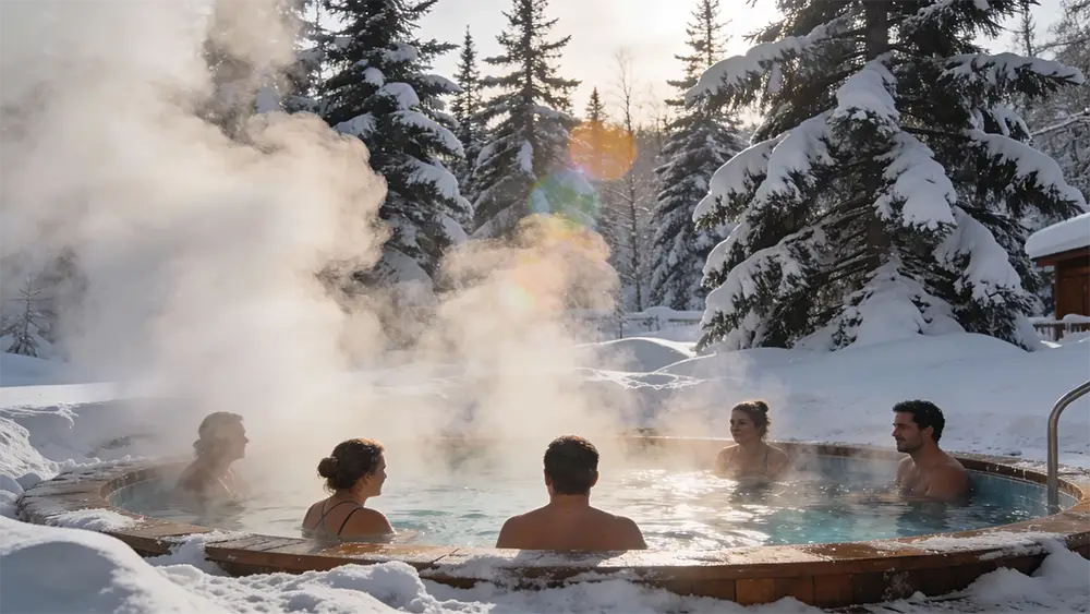 Personnes se relaxant dans un spa nordique : bain chaud extérieur entouré de neige