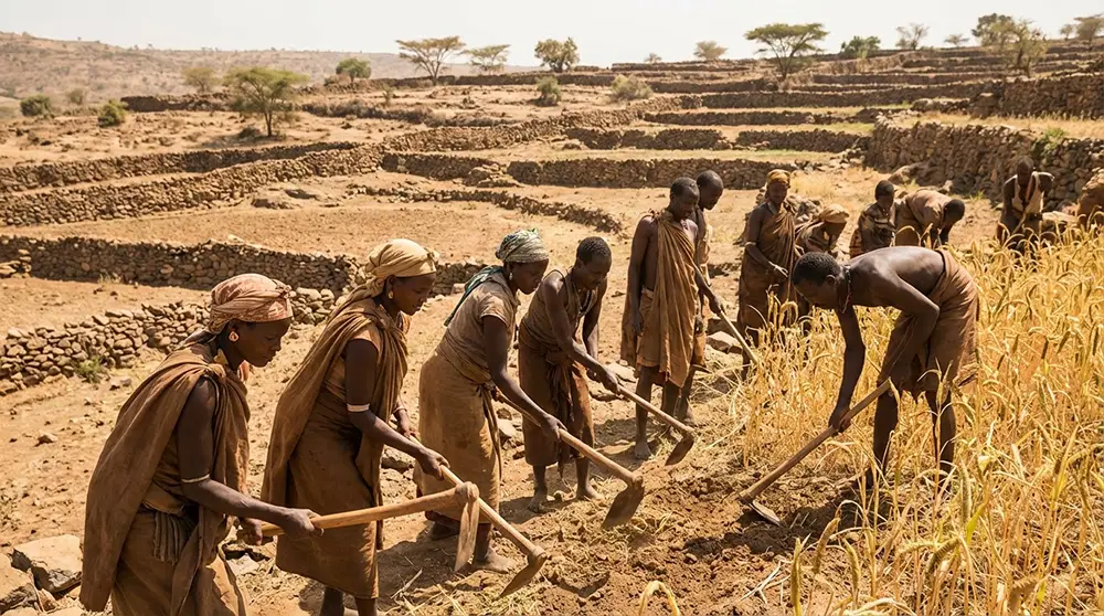 Hommes et femmes konso travaillant ensemble sur les terrasses en pierre sèche pour cultiver le millet