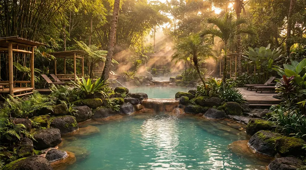 Bassins naturels des Ardent Hot Springs entourés de rochers et de végétation tropicale à Camiguin