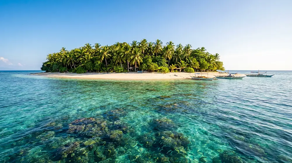 Île de Mantigue vue depuis la mer avec forêt tropicale, plage de sable blanc et eaux transparentes près de Camiguin