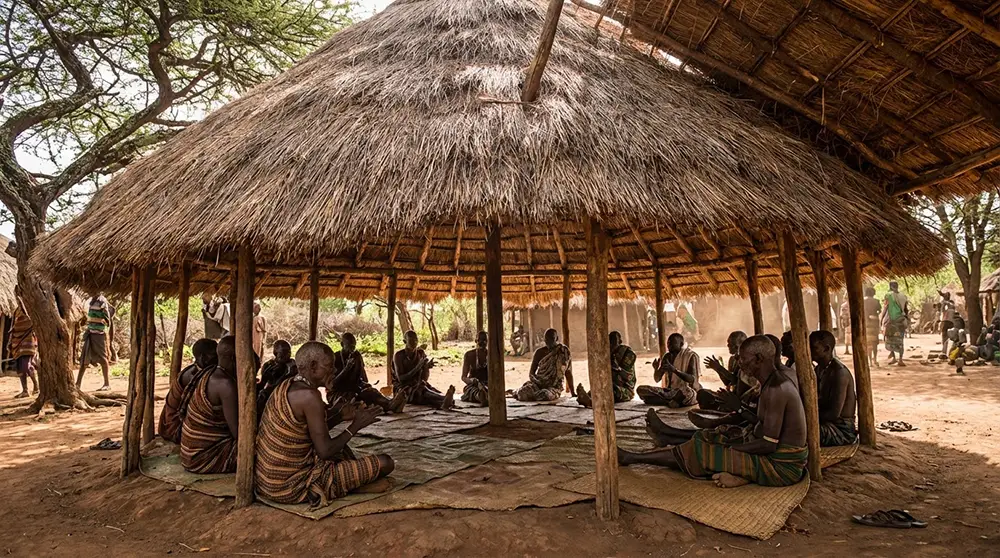 Anciens réunis sur une mora, place culturelle traditionnelle dans un village Konso en Éthiopie du sud