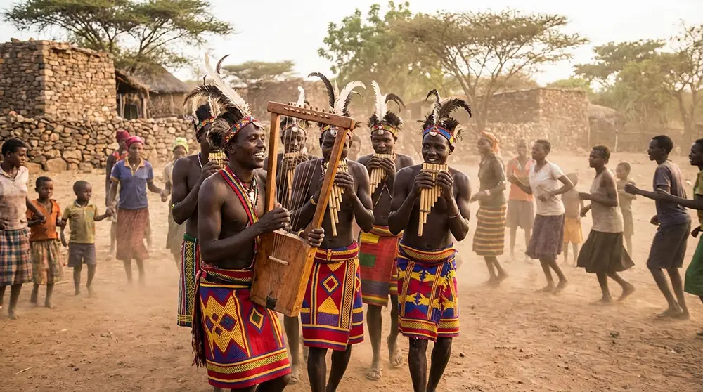Musiciens du peuple Konso jouant de la krar et de la flûte de Pan lors d'une fête traditionnelle