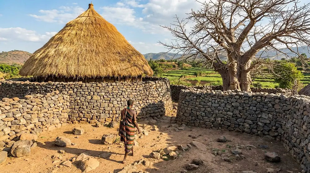 Entrée d'un village fortifié Konso entouré de murs d'enceinte en basalte et terre séchée en Éthiopie