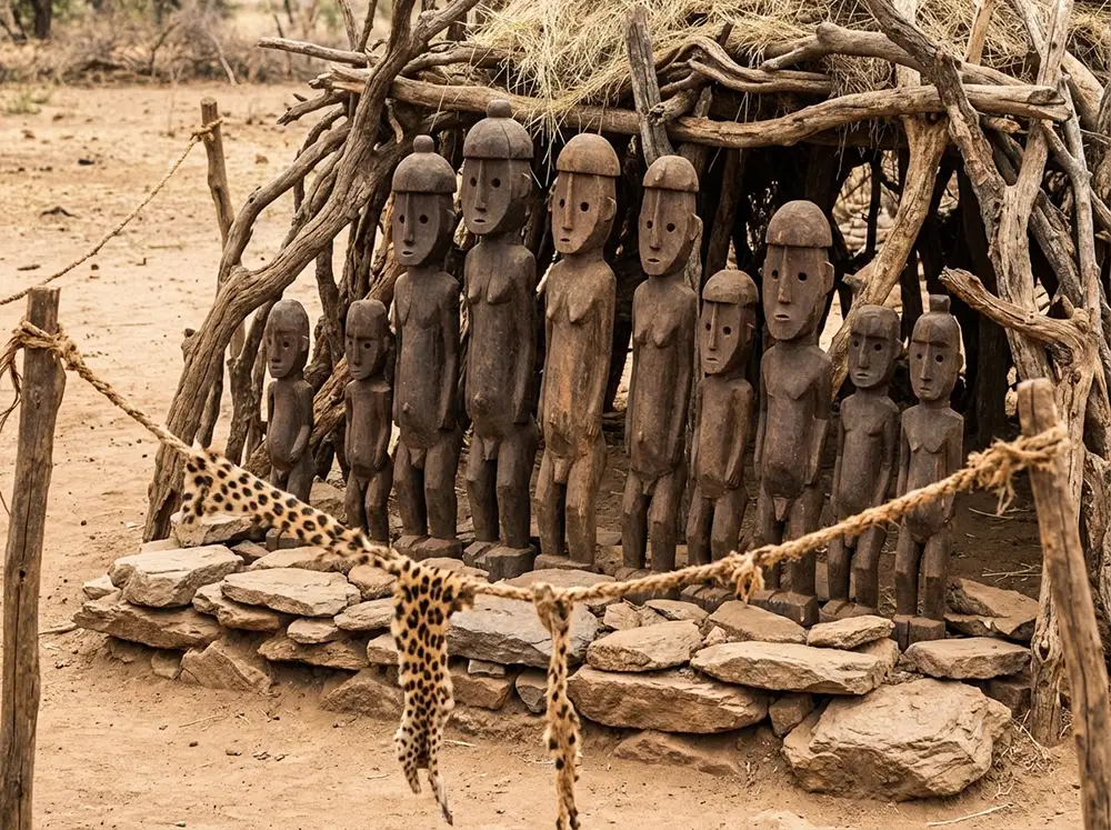 Groupe de wakas, stèles funéraires en bois sculpté alignées sur une tombe Konso en Éthiopie