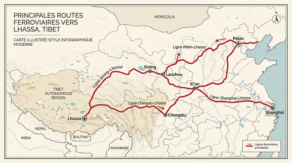 Carte des trajets ferroviaires vers Lhassa depuis Pékin, Xining, Shanghai et Chengdu