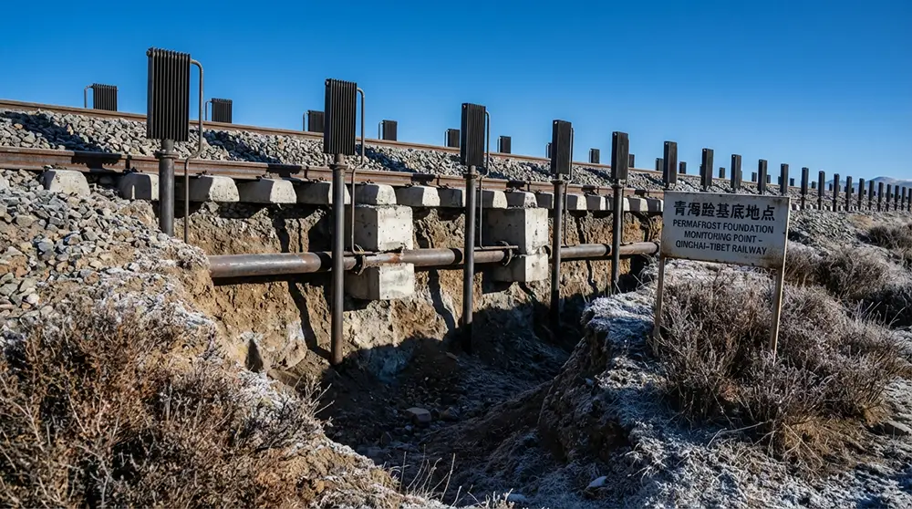 Tubes d'ammoniaque sous les fondations du chemin de fer Qinghai-Tibet pour stabiliser le pergélisol