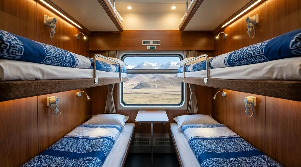 Intérieur d'un compartiment couchette molle du Lhassa Express avec prises d'oxygène individuelles et vue sur le plateau tibétain