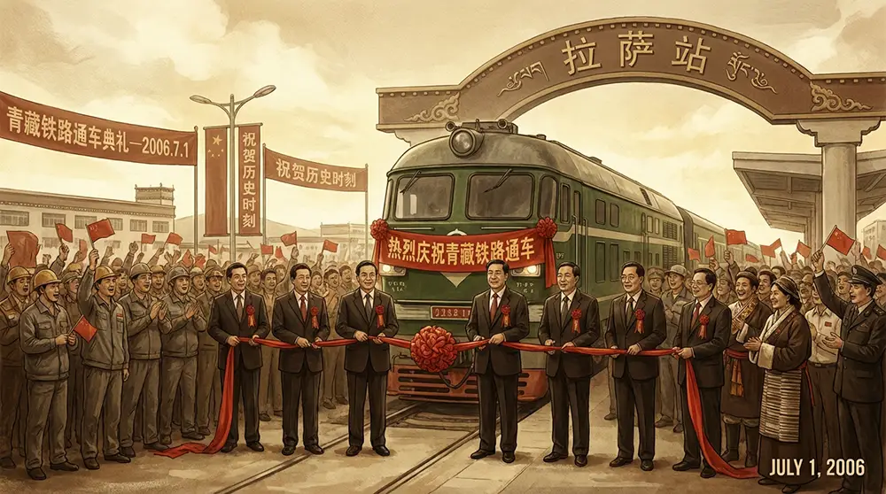Cérémonie d'inauguration de la ligne ferroviaire Qinghai-Tibet le 1er juillet 2006 en gare de Lhassa