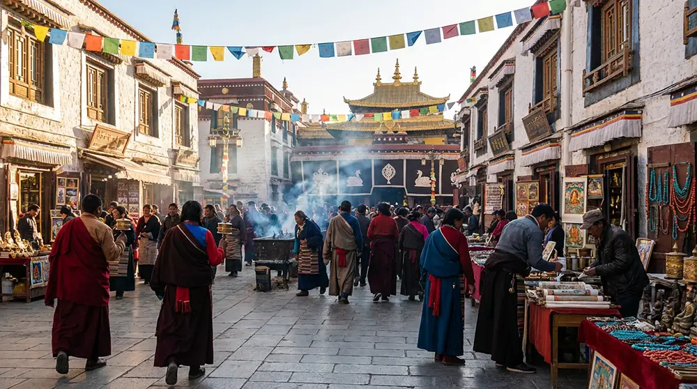 Pèlerins en tenue traditionnelle tibétaine marchant sur la rue Barkhor autour du temple de Jokhang à Lhassa