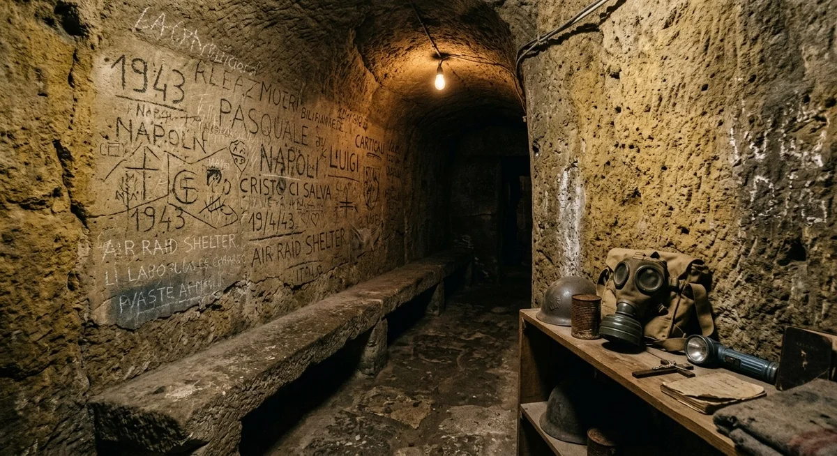 Abri anti-aérien de la Seconde Guerre mondiale dans les galeries souterraines de Naples avec graffitis d'époque