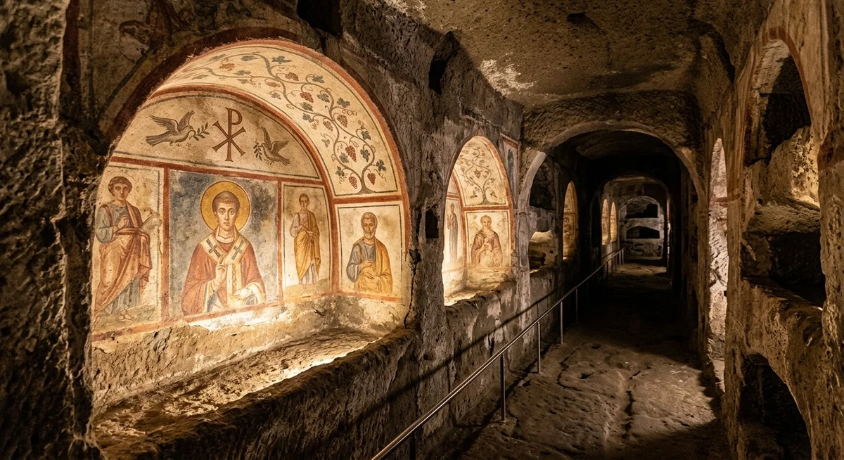 Fresques paléochrétiennes des catacombes de San Gennaro à Naples, galeries de tuf volcanique