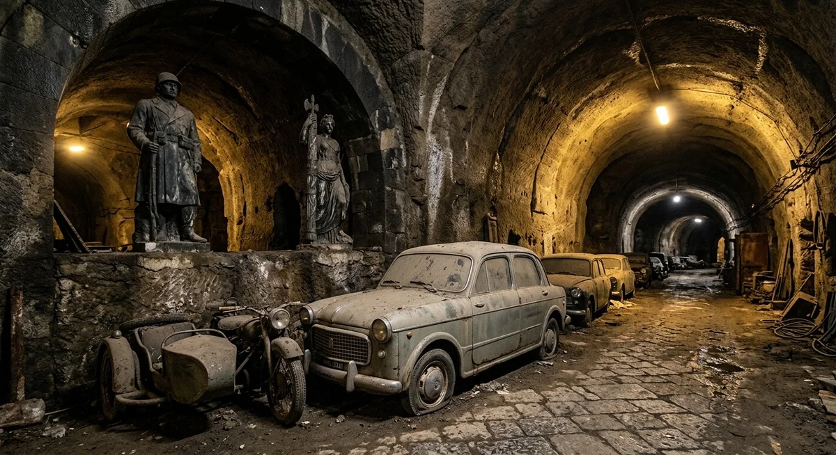 Voitures et motos vintage abandonnées dans la Galleria Borbonica de Naples, abri de la Seconde Guerre mondiale