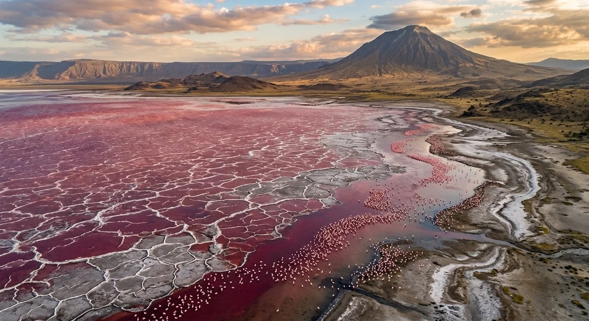 Lac Natron en Tanzanie avec flamants roses et eaux rougeâtres basiques dangereuses
