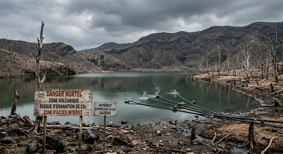 Lac Nyos au Cameroun entouré de végétation morte après une éruption limnique de CO2