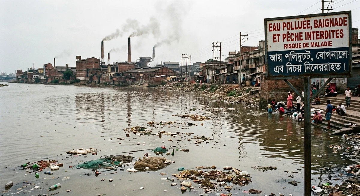Rivière Gange en Inde avec forte pollution visible et déchets flottant à la surface