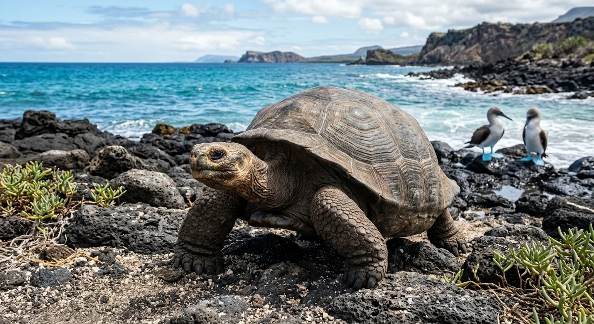 Tortues géantes des Galápagos sur la plage dans le parc national UNESCO en Équateur