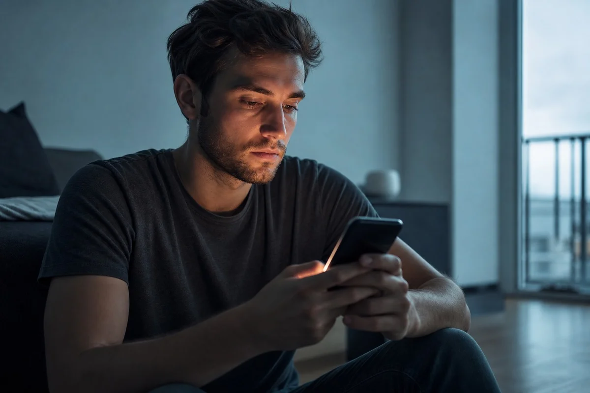 Voyageur qui regarde ses photos de voyage sur son téléphone dans une pièce vide, visage nostalgique