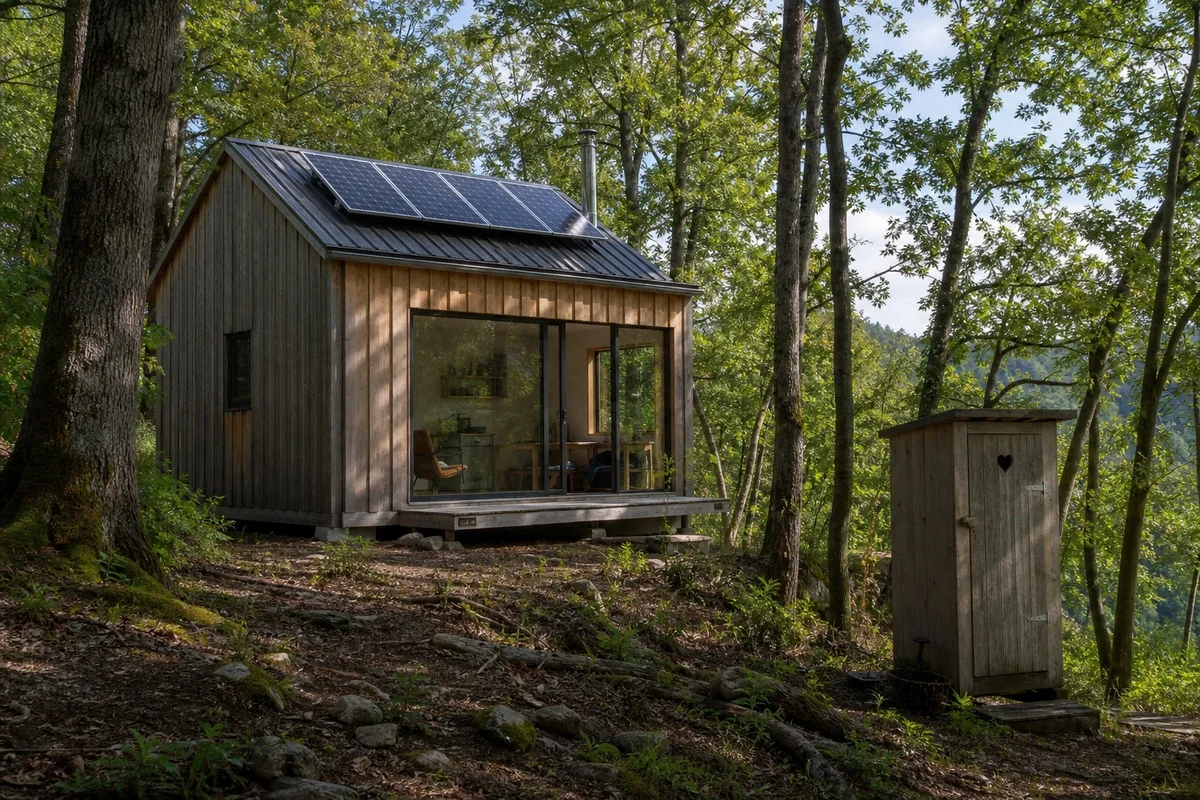 Petite cabane en bois autonome en énergie dans une forêt belge ou française avec panneaux solaires