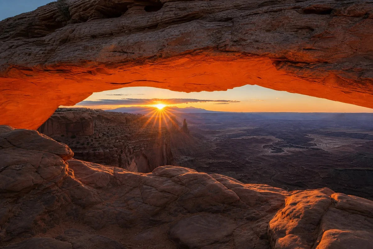 Mesa Arch en grès rouge encadrant la vallée de Canyonlands au lever du soleil, district Island in the Sky, Utah