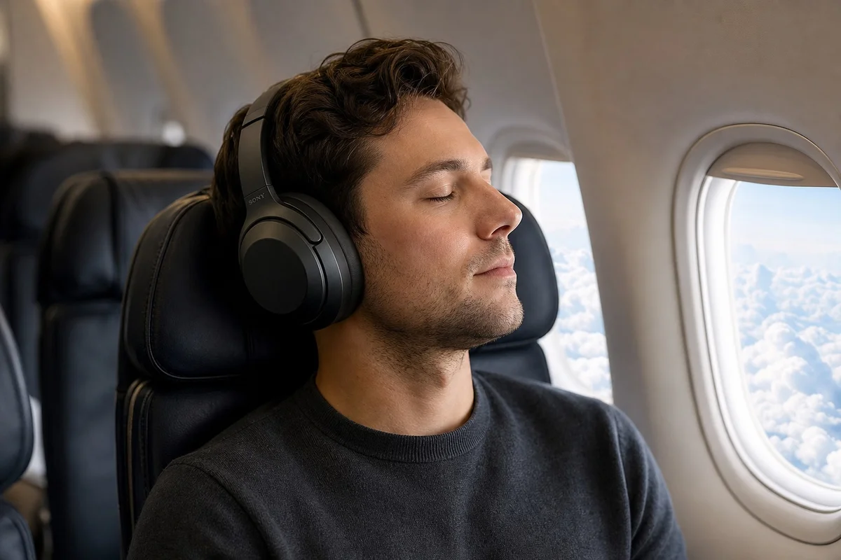 Voyageur portant un casque antibruit ANC dans un avion en vol long-courrier