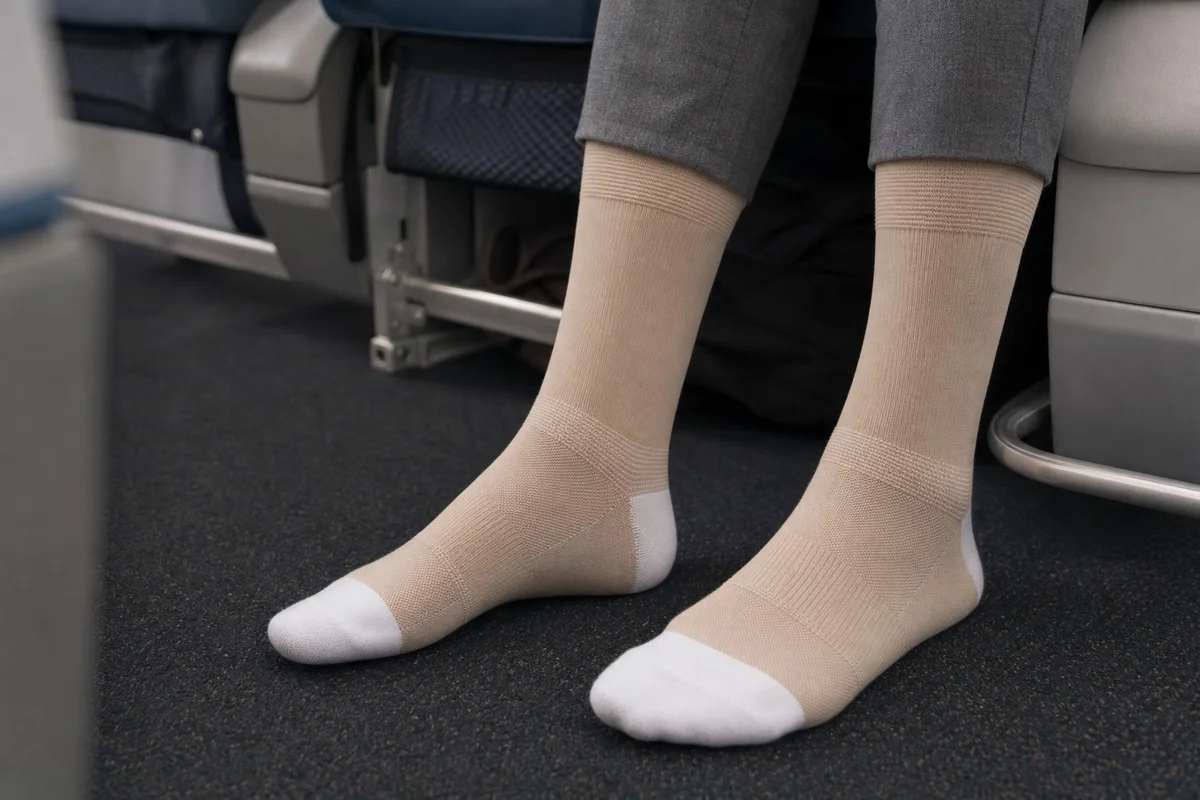 Paire de chaussettes de compression veineuse portées pendant un vol long-courrier