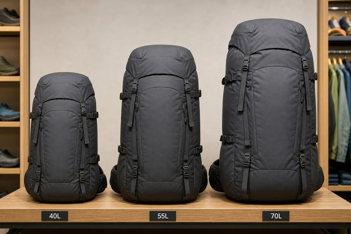 Comparaison de trois sacs à dos de voyage de volumes différents 40L 55L et 70L posés côte à côte en magasin outdoor