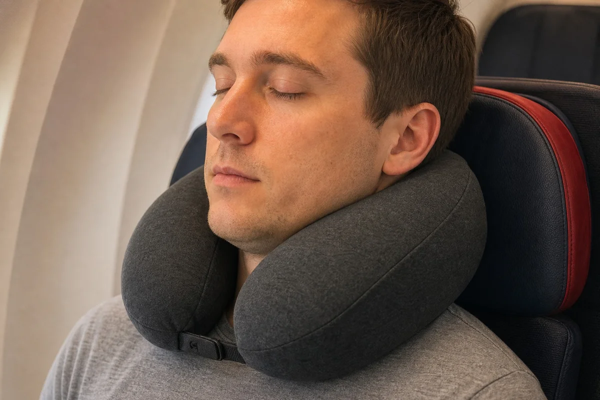 Coussin de voyage en mousse à mémoire de forme en forme de U porté autour du cou en avion