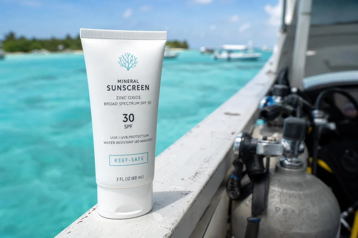 Tube de crème solaire minérale reef-safe posé sur le rebord d'un bateau de plongée, protection récifs coralliens