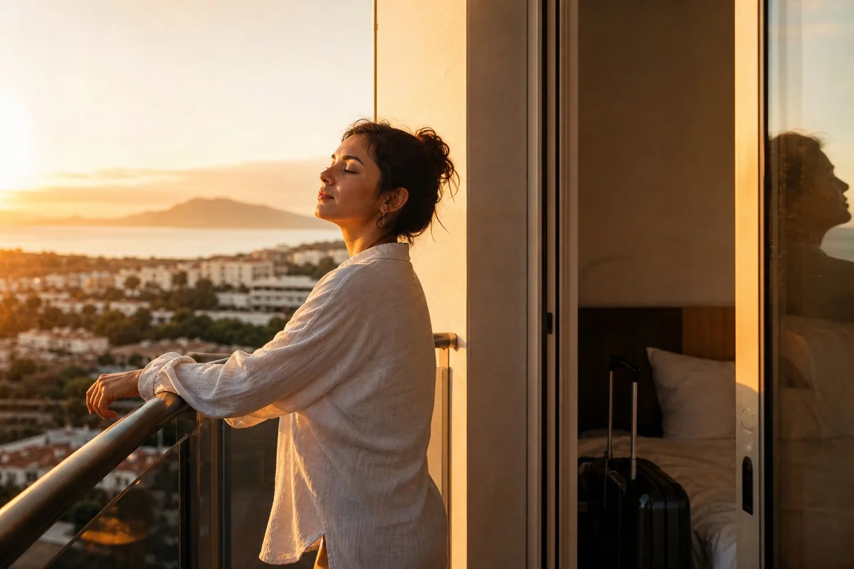 Femme s'exposant à la lumière du soleil le matin sur un balcon après un voyage long-courrier vers l'est