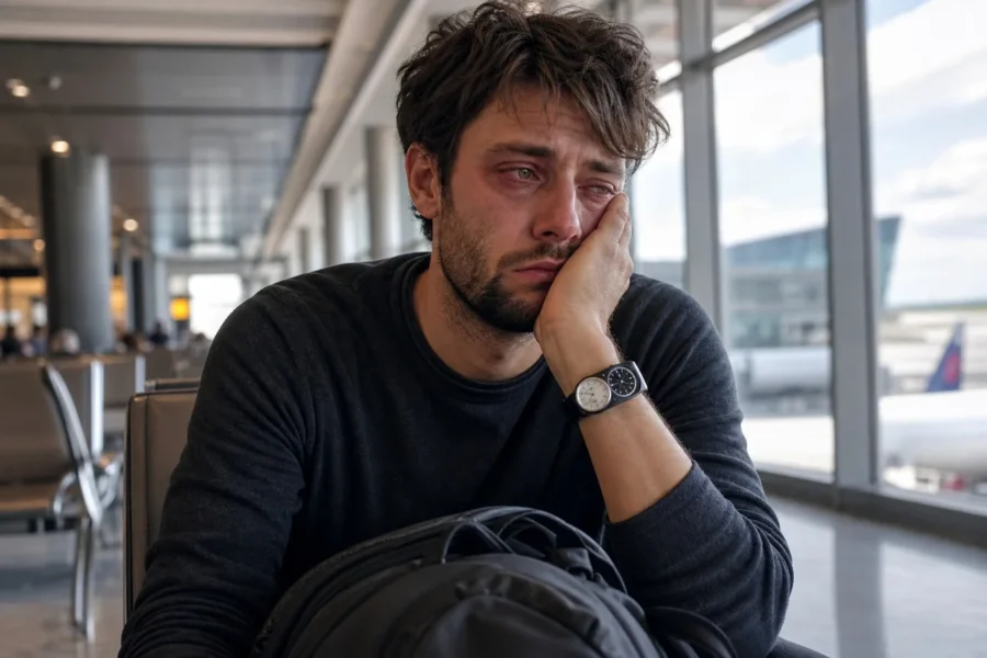 Voyageur assis dans un aéroport international, yeux fatigués, montre au poignet indiquant deux fuseaux horaires différents