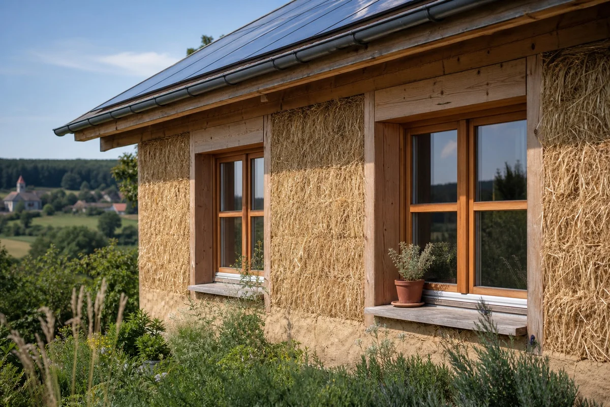 Maison à ossature paille avec panneaux solaires dans un écovillage off-grid en Europe