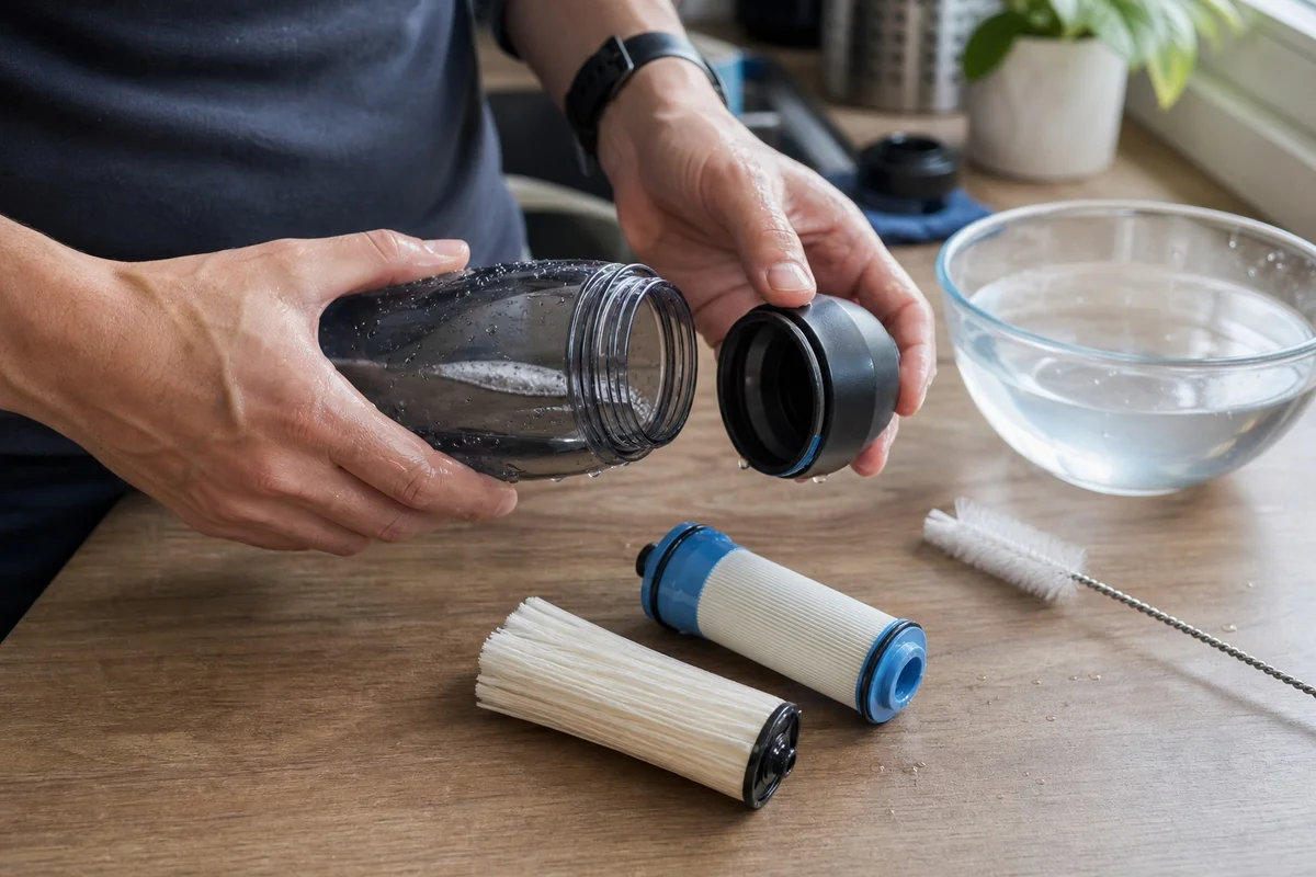 Démontage d'une gourde filtrante pour nettoyage de la cartouche et de la membrane