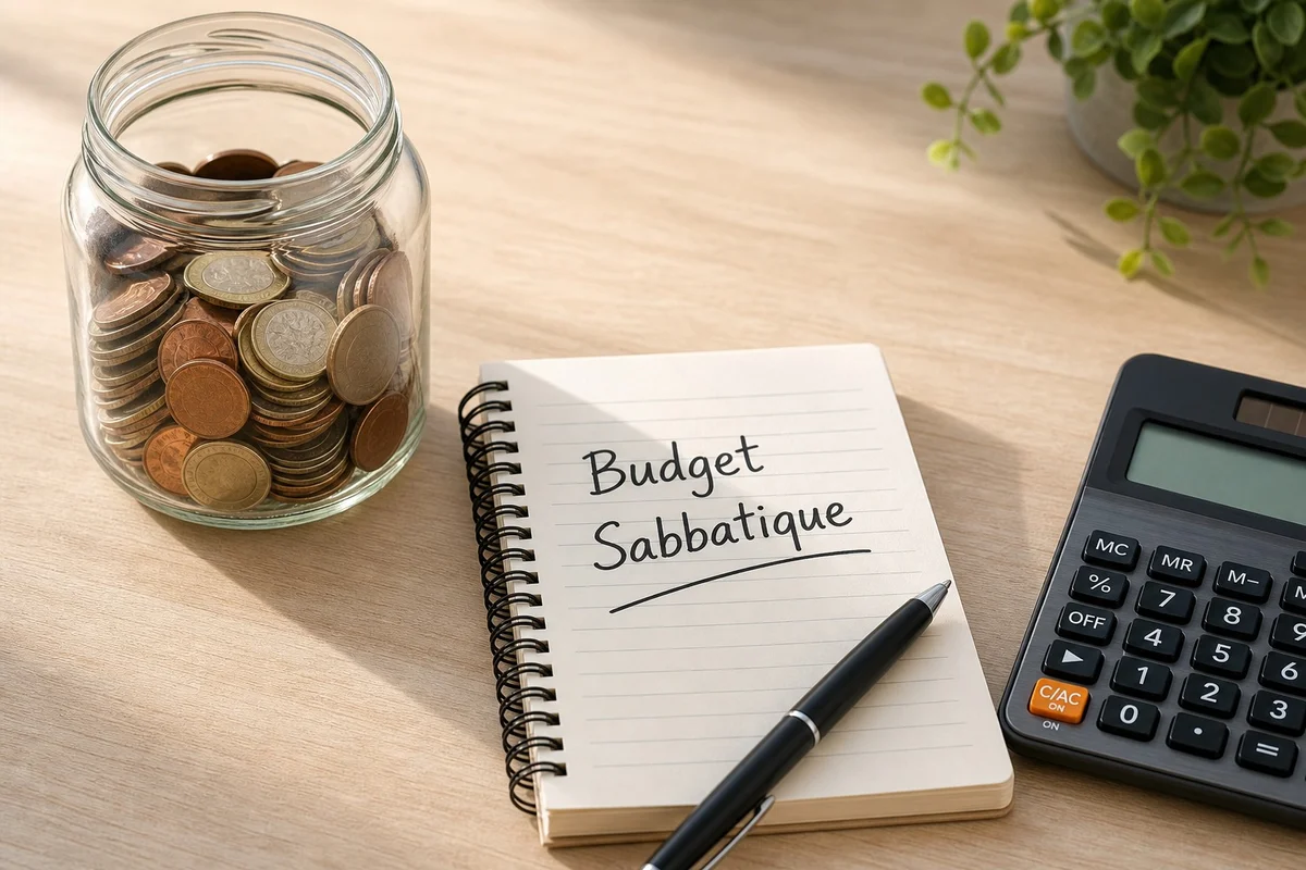 Jar de pièces de monnaie et carnet de budget pour une année sabbatique