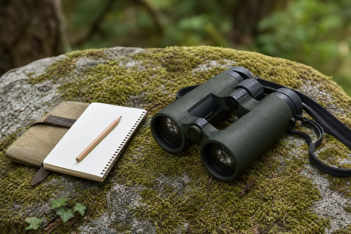Équipement recommandé pour observer la faune sauvage : jumelles et longue-vue Jumelles professionnelles posées sur une roche en forêt avec carnet de terrain naturaliste pour observation faune sauvage