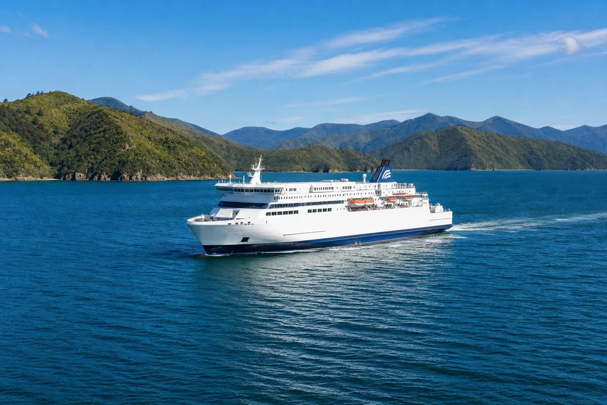 Grand ferry Interislander traversant le détroit de Cook entre Wellington et Picton avec des camping-cars à bord, Nouvelle-Zélande