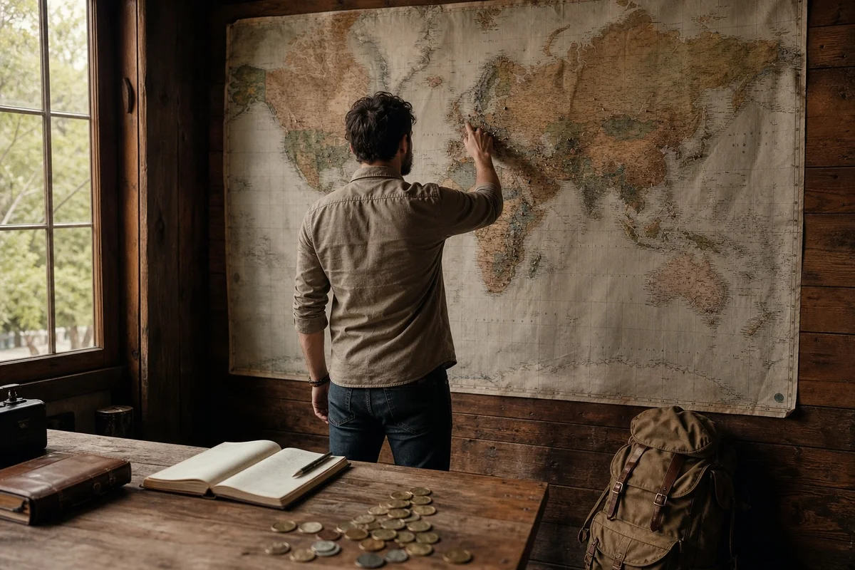 Voyageur avec sac à dos devant une carte du monde, planifiant son année sabbatique