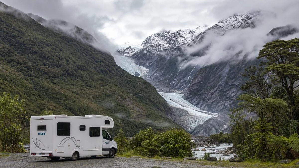 Camping-car stationné face au glacier Franz Josef entouré de forêt tempérée, côte ouest île du Sud de la Nouvelle-Zélande