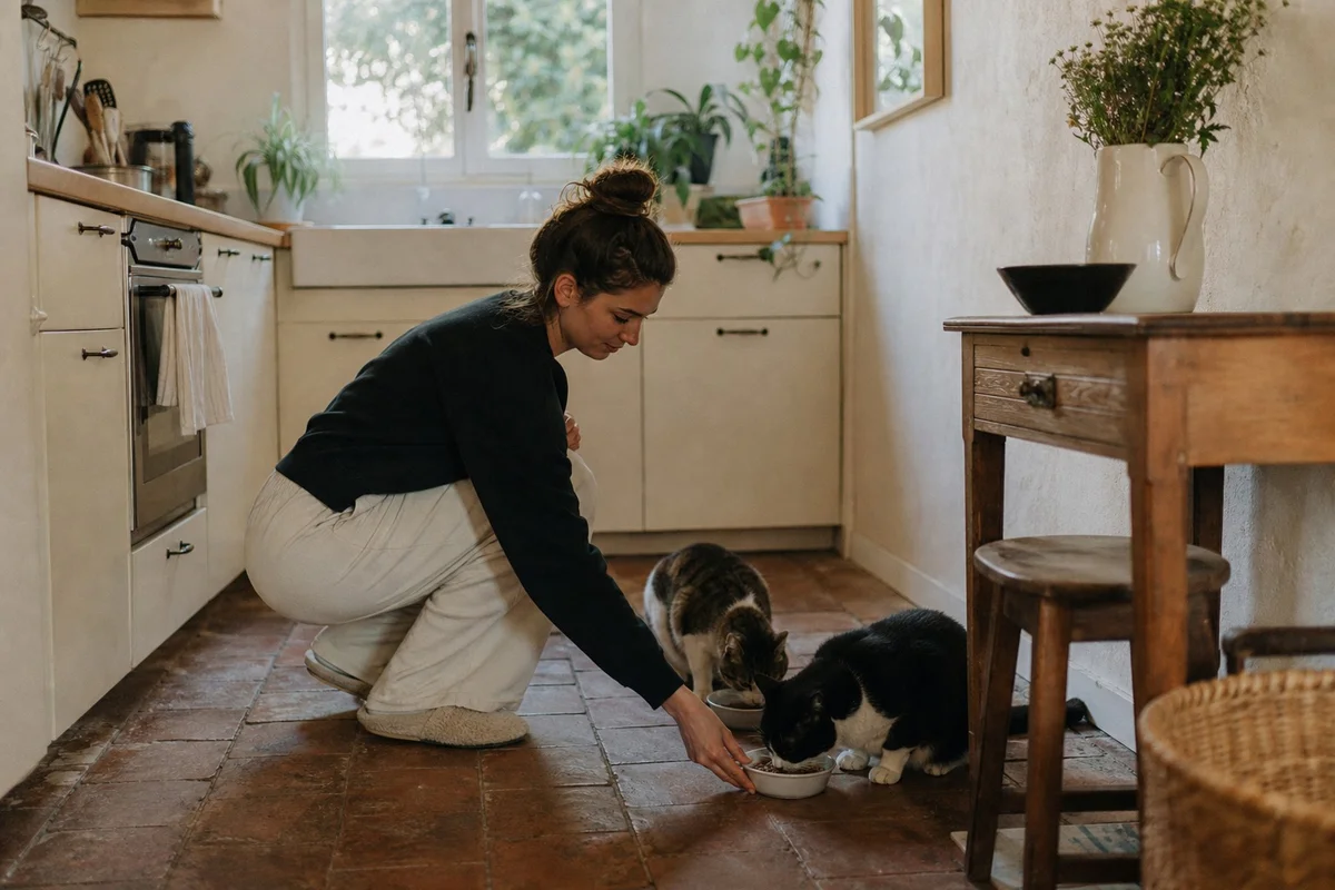 House-sitter nourrissant des chats dans une cuisine française