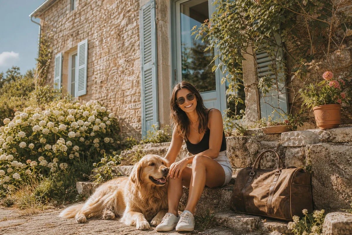 Voyageur house-sitter avec un chien dans une maison de campagne française