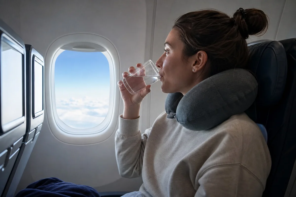 Passager en classe économique buvant un verre d'eau dans un avion long-courrier, hublot visible