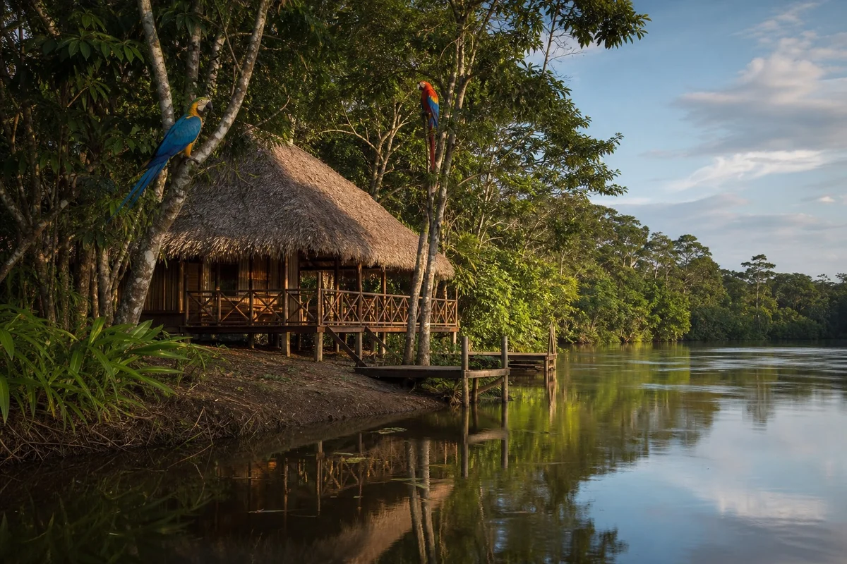 Cabana en bambou à toit de chaume sur pilotis au bord de la rivière Madre de Dios à l'Inkaterra Reserva Amazónica au Pérou