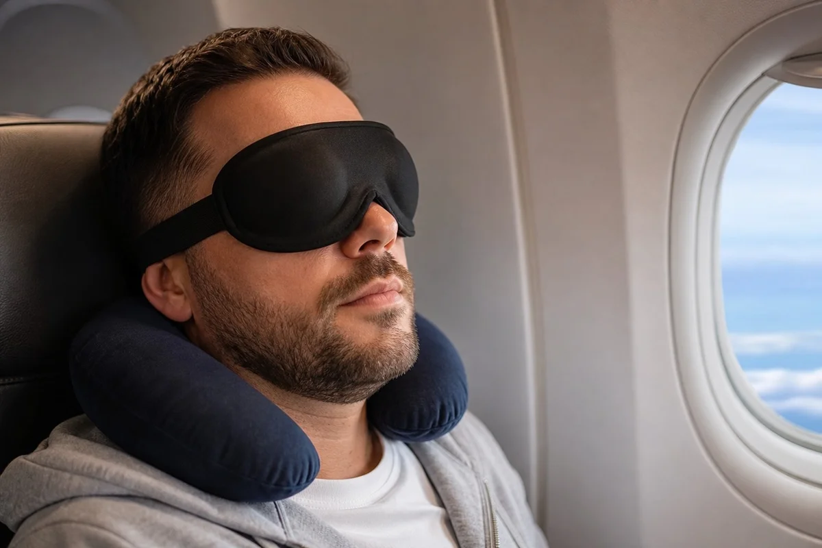 Masque de sommeil 3D avec coques bombées porté par un voyageur dans un avion